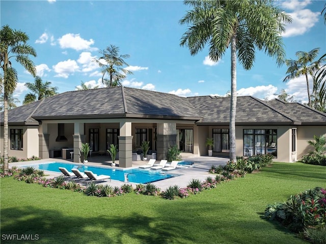 799 Cassena Rd, Naples, FL 34108 - rear view of house with stucco siding, an outdoor pool, a yard, and a patio