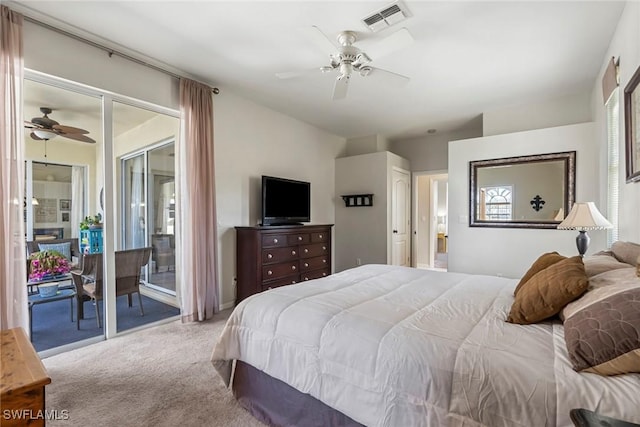 bedroom with carpet floors, ceiling fan, and access to exterior