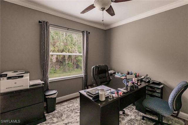 office with crown molding, ceiling fan, and a healthy amount of sunlight