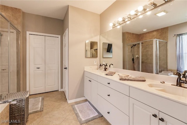 bathroom featuring tile patterned flooring, vanity, and walk in shower