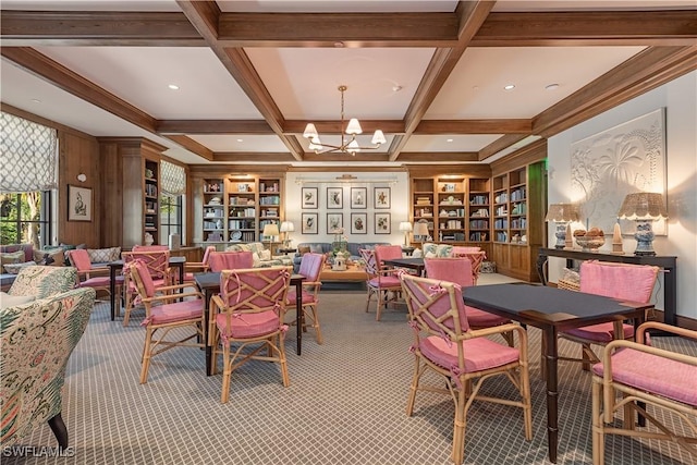 dining area with wooden walls, built in features, coffered ceiling, a chandelier, and beam ceiling