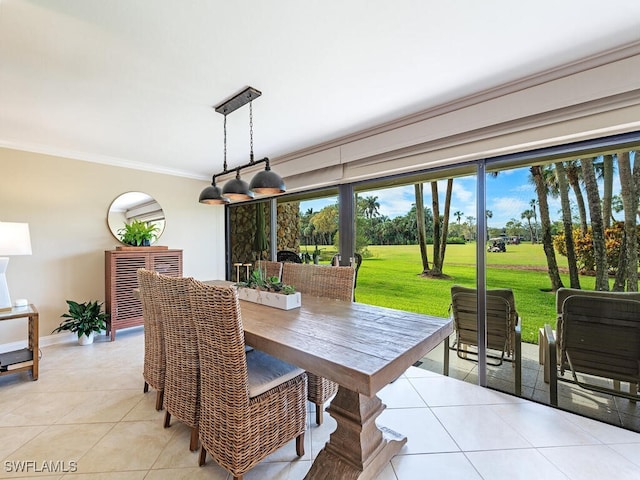 108 Wilderness Dr Unit 132, Naples, FL 34105 - dining space with light tile patterned floors, ornamental molding, golf course view, and baseboards