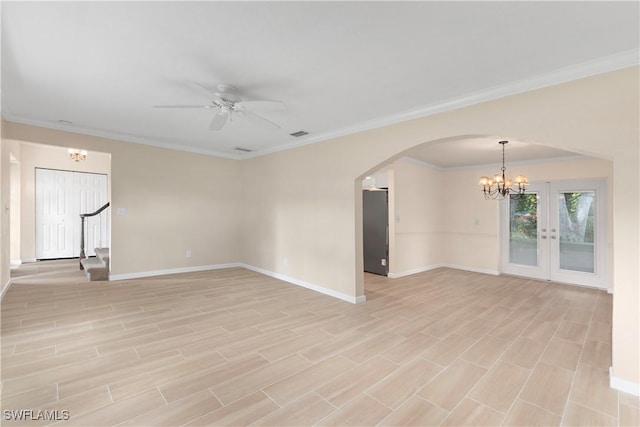 unfurnished room with ceiling fan with notable chandelier, crown molding, and light hardwood / wood-style floors