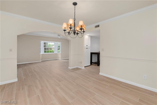 spare room with ornamental molding, ceiling fan with notable chandelier, and light hardwood / wood-style floors