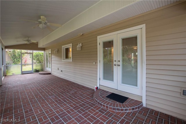 view of patio featuring ceiling fan and french doors