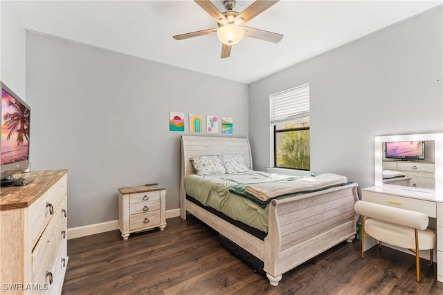 bedroom featuring ceiling fan and dark wood-type flooring