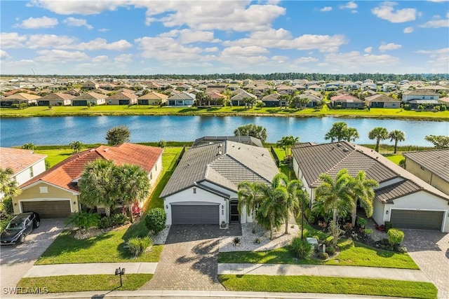 drone / aerial view featuring a water view