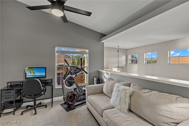 office area featuring a wealth of natural light, ceiling fan, and light colored carpet