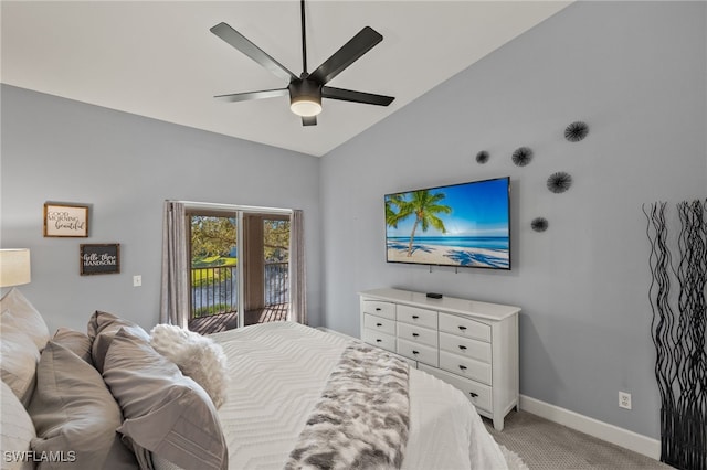 carpeted bedroom featuring access to outside, ceiling fan, and lofted ceiling