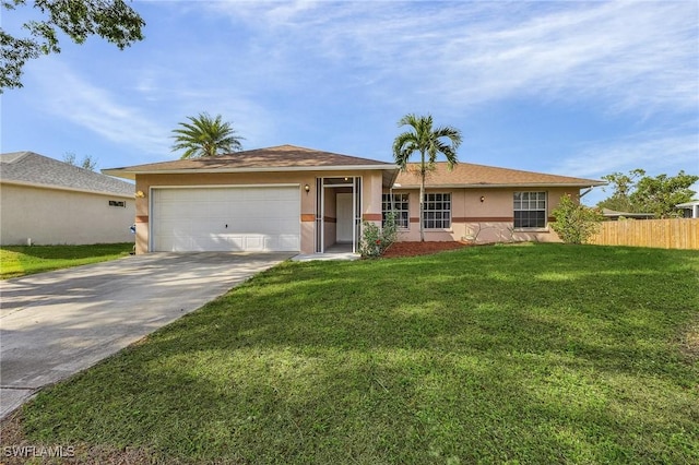 ranch-style house featuring a garage and a front lawn