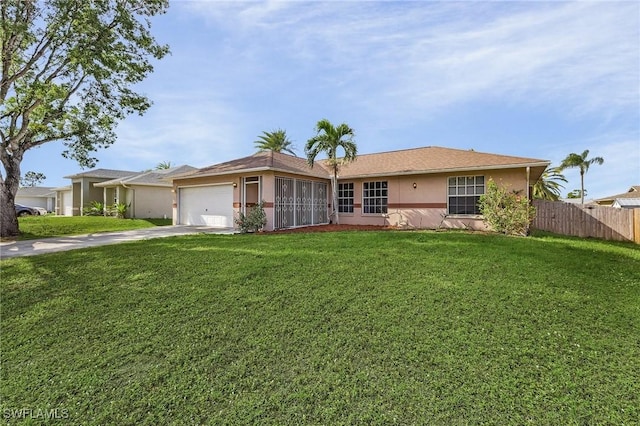 ranch-style house with a front yard and a garage