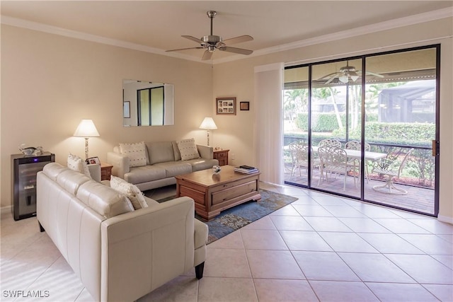 tiled living room featuring wine cooler, crown molding, and ceiling fan