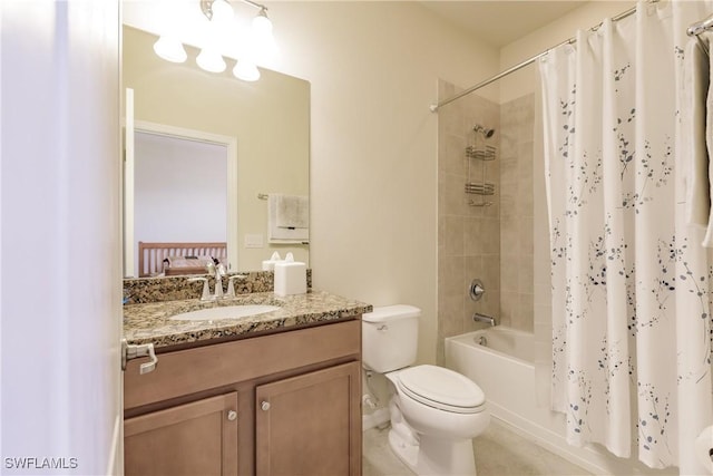 full bathroom with shower / bath combination with curtain, toilet, and vanity