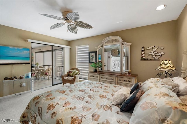 bedroom featuring ceiling fan, light colored carpet, and access to exterior