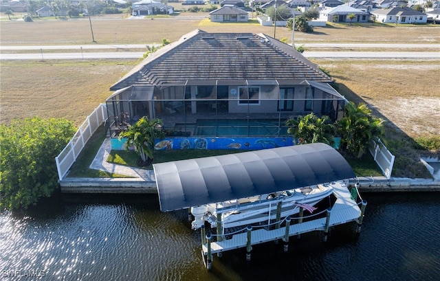 drone / aerial view featuring a water view