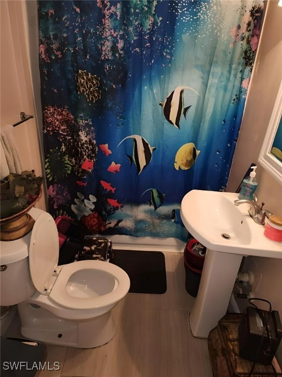 bathroom featuring hardwood / wood-style floors, a shower with curtain, and toilet