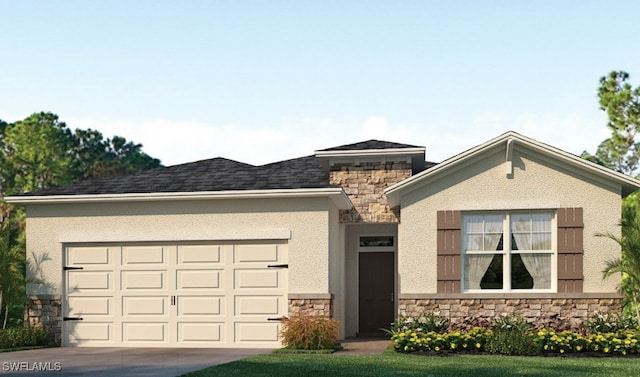 view of front facade featuring stone siding, concrete driveway, and stucco siding