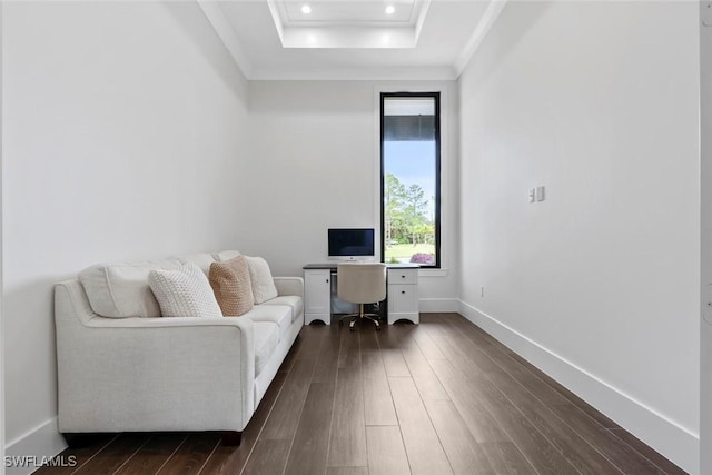 office space with dark wood-type flooring, ornamental molding, and a tray ceiling