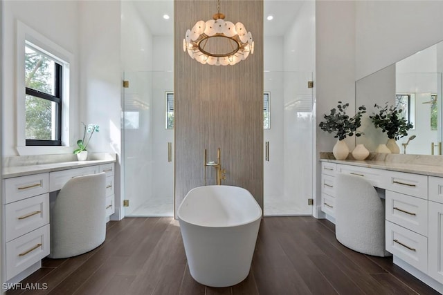 bathroom featuring plus walk in shower, wood-type flooring, and vanity