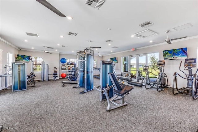 exercise room featuring ceiling fan, light colored carpet, and ornamental molding