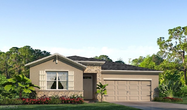 ranch-style home with driveway, stone siding, a garage, and stucco siding