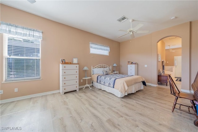 bedroom featuring ceiling fan and light hardwood / wood-style floors