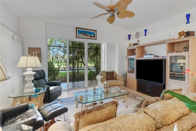 living room featuring vaulted ceiling and ceiling fan