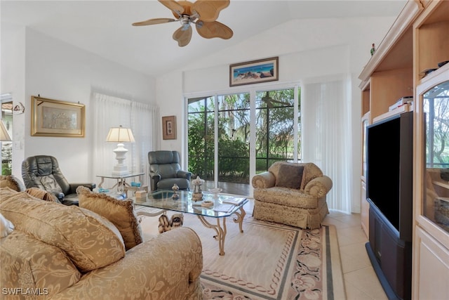 living room featuring lofted ceiling, light tile patterned floors, and ceiling fan