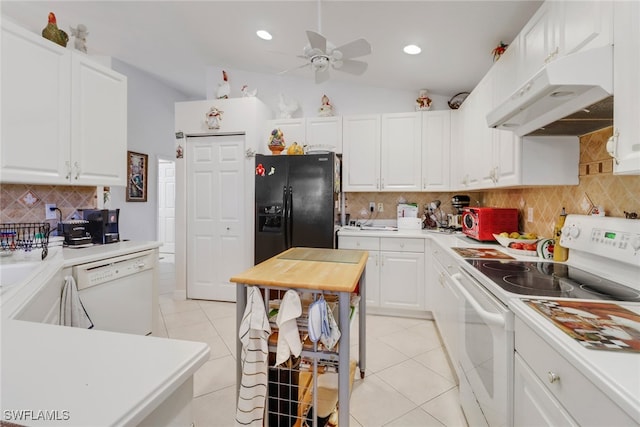 kitchen with light tile patterned floors, white cabinetry, decorative backsplash, and white appliances