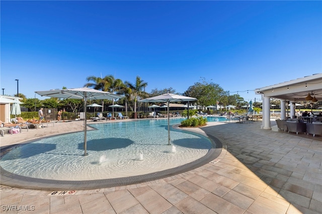 view of swimming pool featuring a patio area