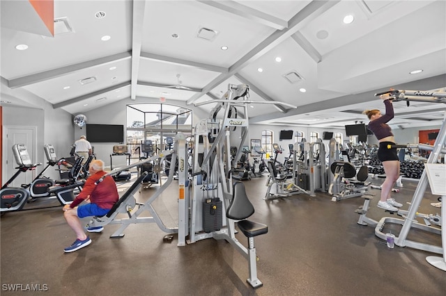 exercise room with ceiling fan and lofted ceiling