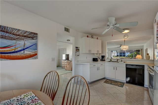 kitchen with stainless steel range with electric stovetop, dishwasher, white cabinets, sink, and light tile patterned floors