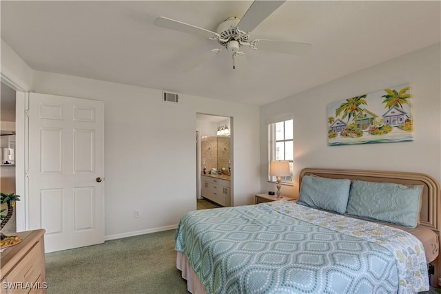 bedroom featuring connected bathroom, carpet floors, and ceiling fan