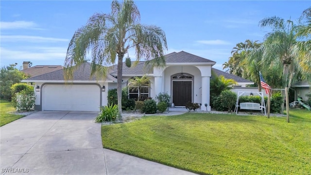 view of front of home with a front lawn and a garage