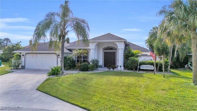 view of front of property featuring a front lawn and a garage