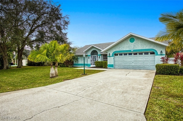 single story home with a front yard and a garage