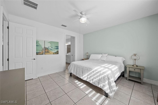 tiled bedroom with ceiling fan