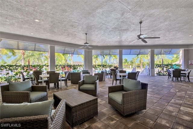 interior space featuring ceiling fan