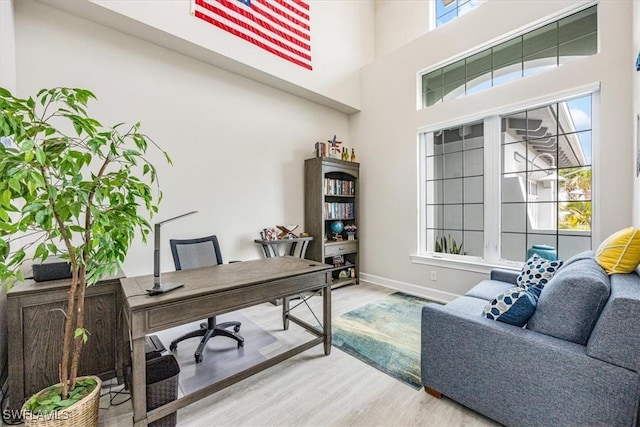 home office with a wealth of natural light and hardwood / wood-style flooring