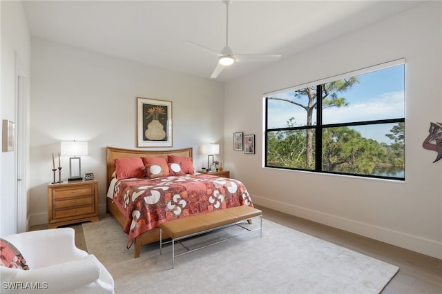 bedroom featuring ceiling fan and light hardwood / wood-style floors