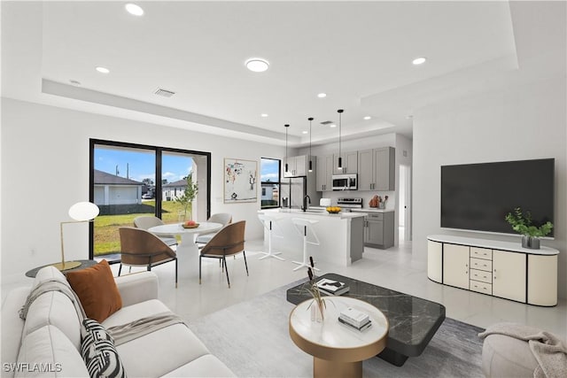 living room with a raised ceiling and sink