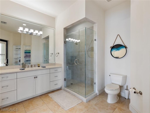 bathroom featuring tile patterned flooring, vanity, toilet, and walk in shower