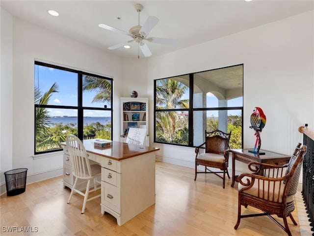 home office featuring light hardwood / wood-style flooring and ceiling fan