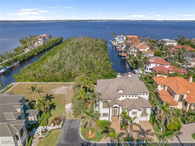 drone / aerial view with a water view