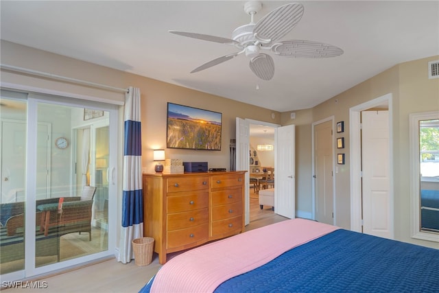 bedroom featuring ceiling fan and access to exterior