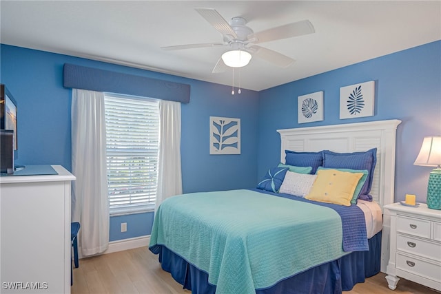 bedroom with ceiling fan and light wood-type flooring