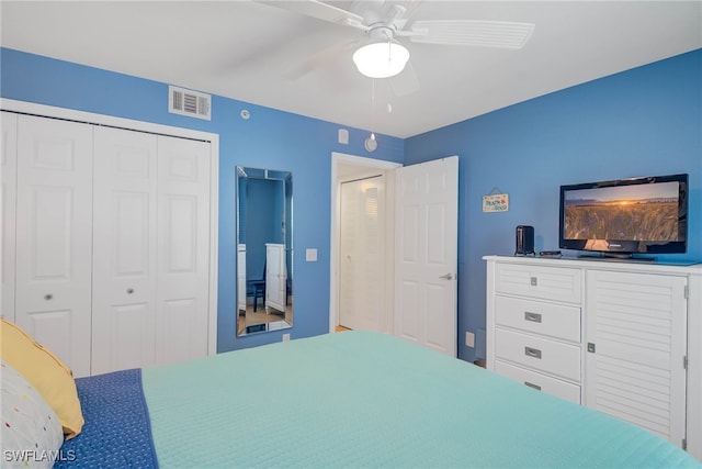 bedroom featuring a closet and ceiling fan