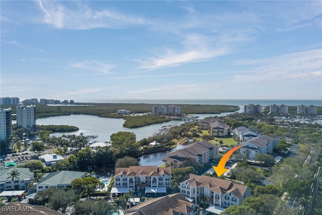 aerial view featuring a water view