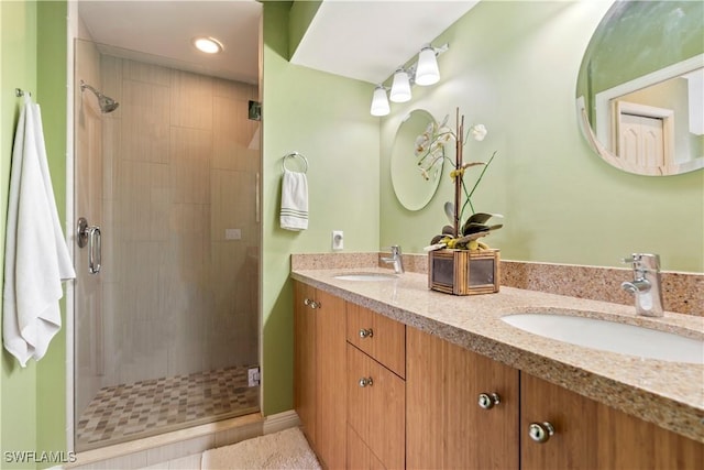 bathroom with vanity and a shower with shower door