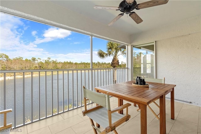 sunroom with a water view and ceiling fan